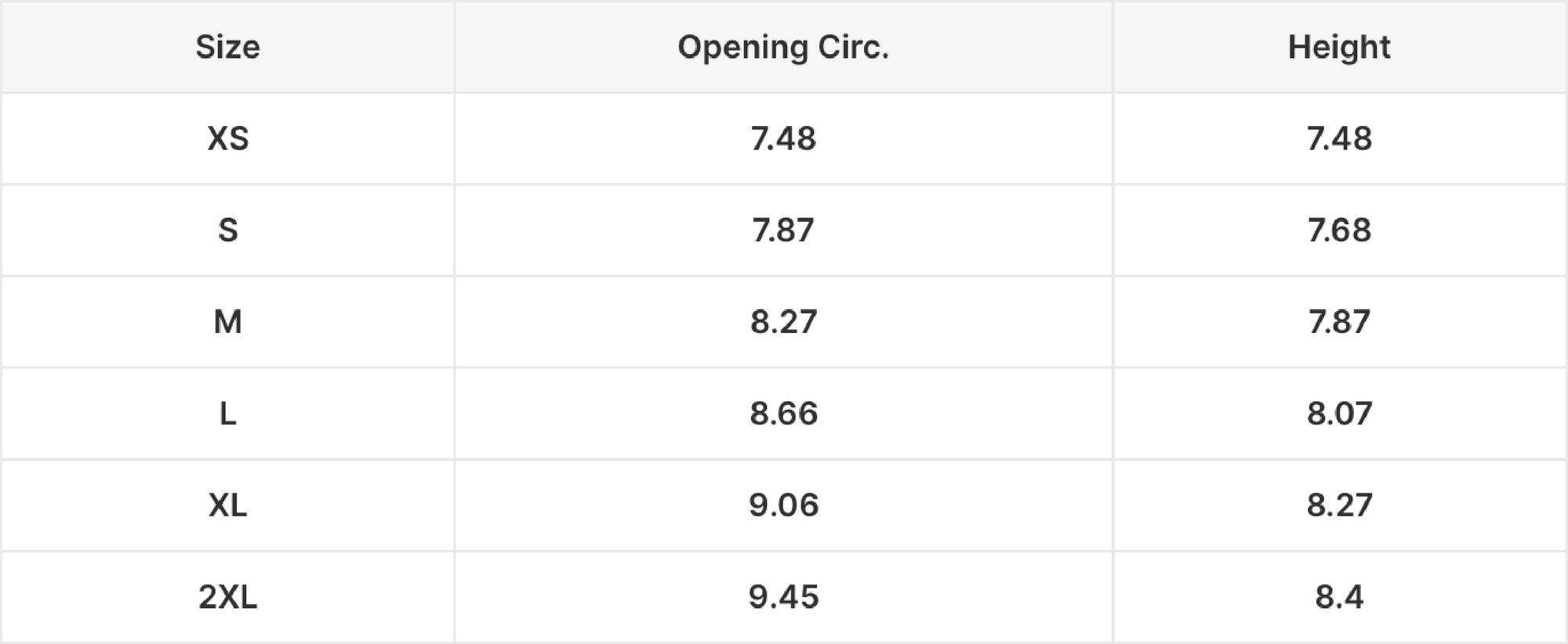 Size guide in inches