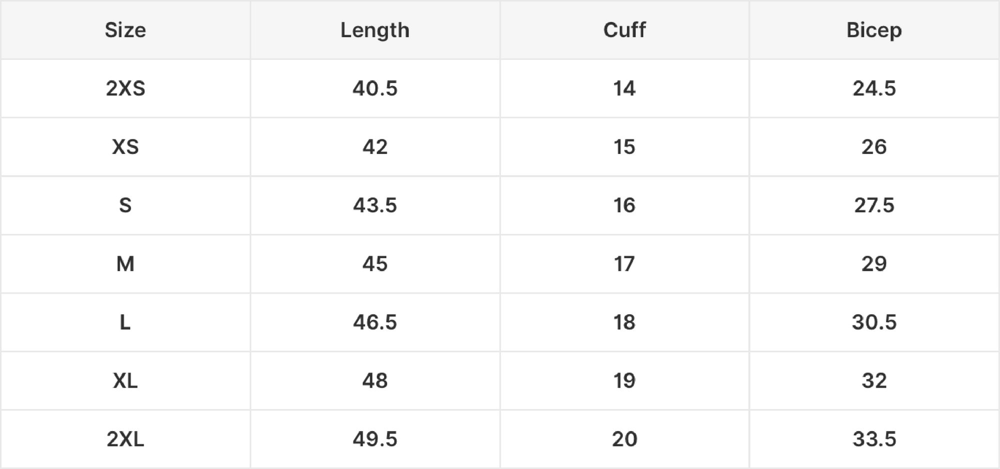Size guide in centimeters