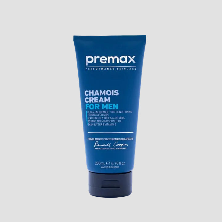 Blue tube of premax chamois cream for men on a white background