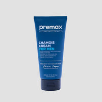 Blue tube of premax chamois cream for men on a white background