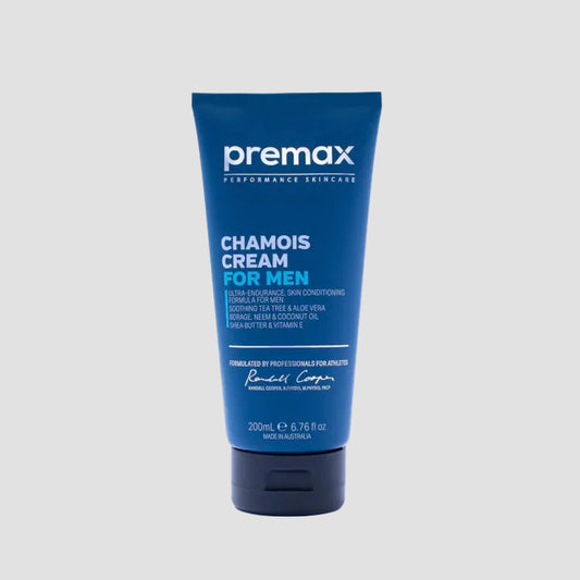 Blue tube of premax chamois cream for men on a white background