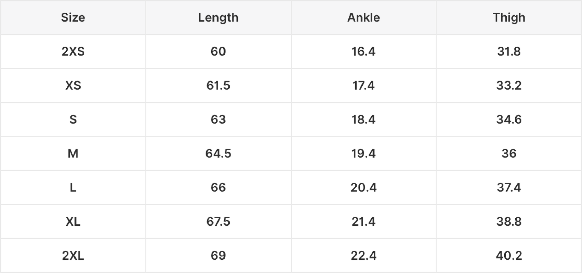 Size guide in centimeters
