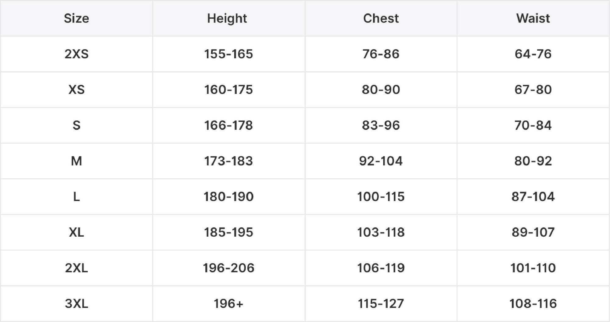 Size guide in centimeters