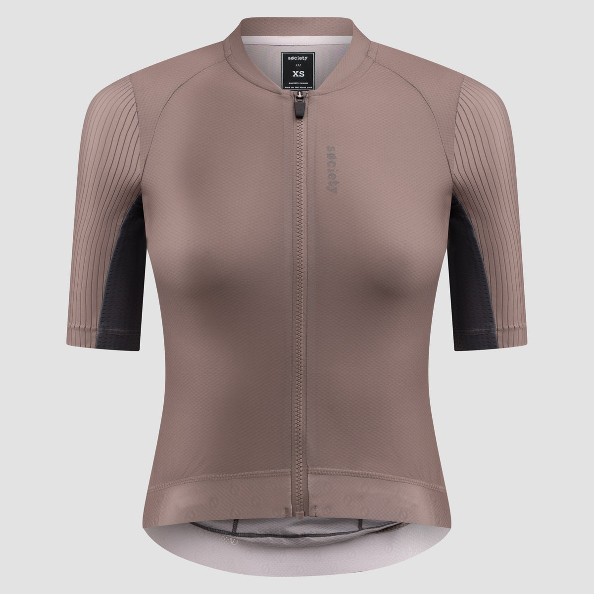 A women's short-sleeve cycling jersey in a muted taupe-brown color, featuring dark charcoal ribbed sleeves and a full-length front zipper. The brand 'Selle San Marco' is visible on the chest and inner neck label.