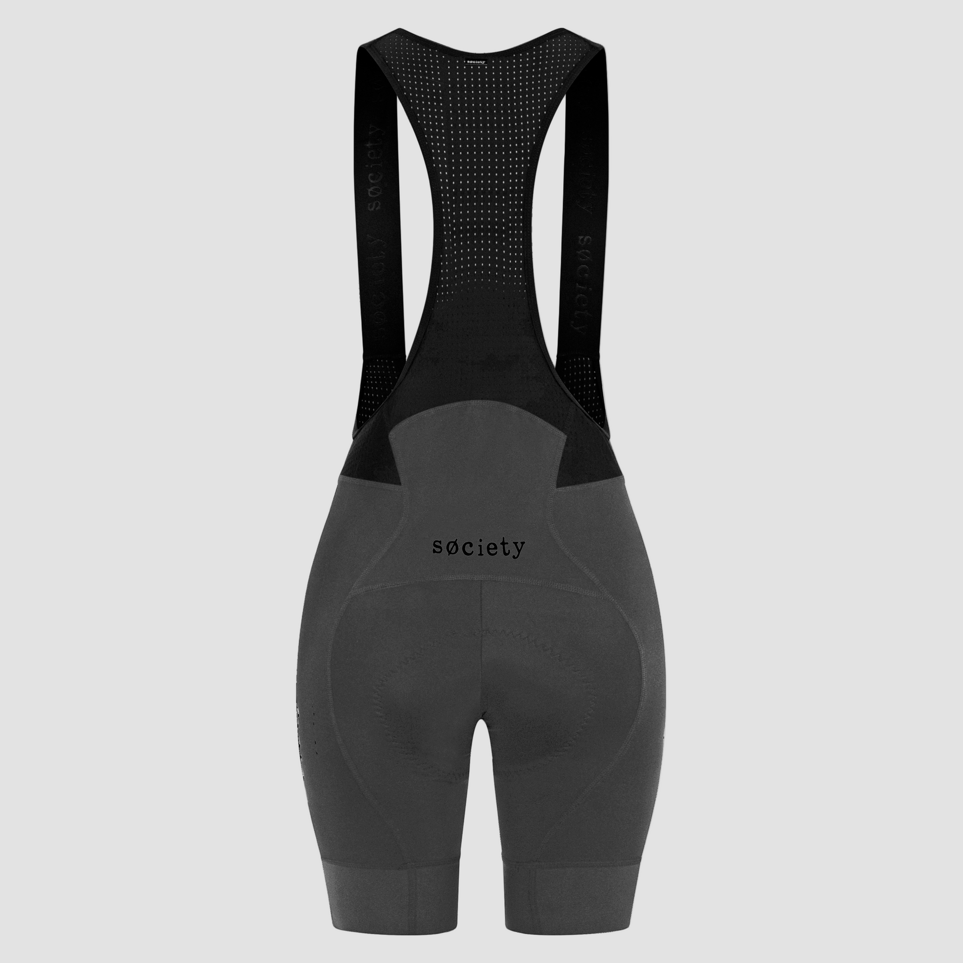 Black cycling bib shorts with 'society' branding on a white background