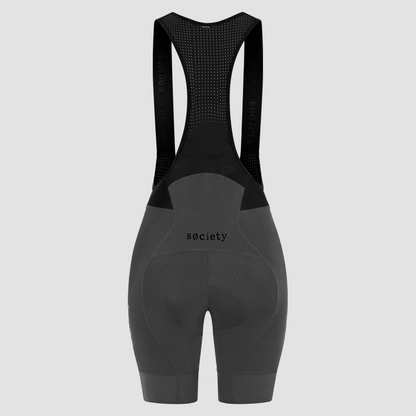 Black cycling bib shorts with 'society' branding on a white background