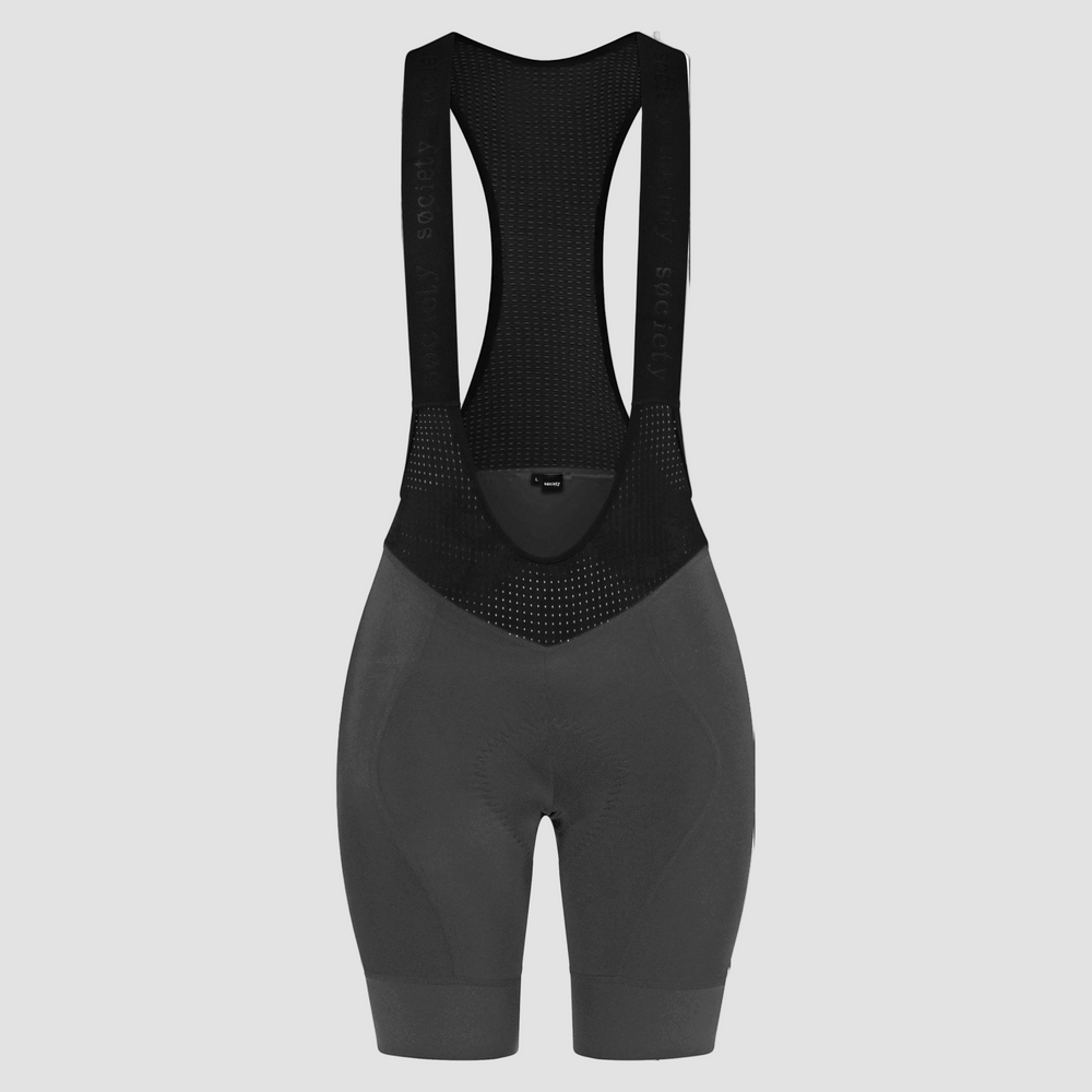 Black and gray cycling bib shorts on a white background