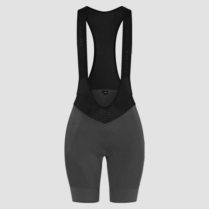 Black and gray cycling bib shorts on a white background