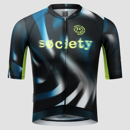 Black cycling jersey with blue and green accents and 'society' branding on a gray background