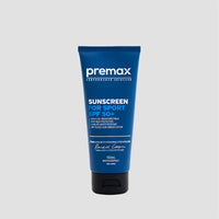 tube of blue sunscreen on a grey background