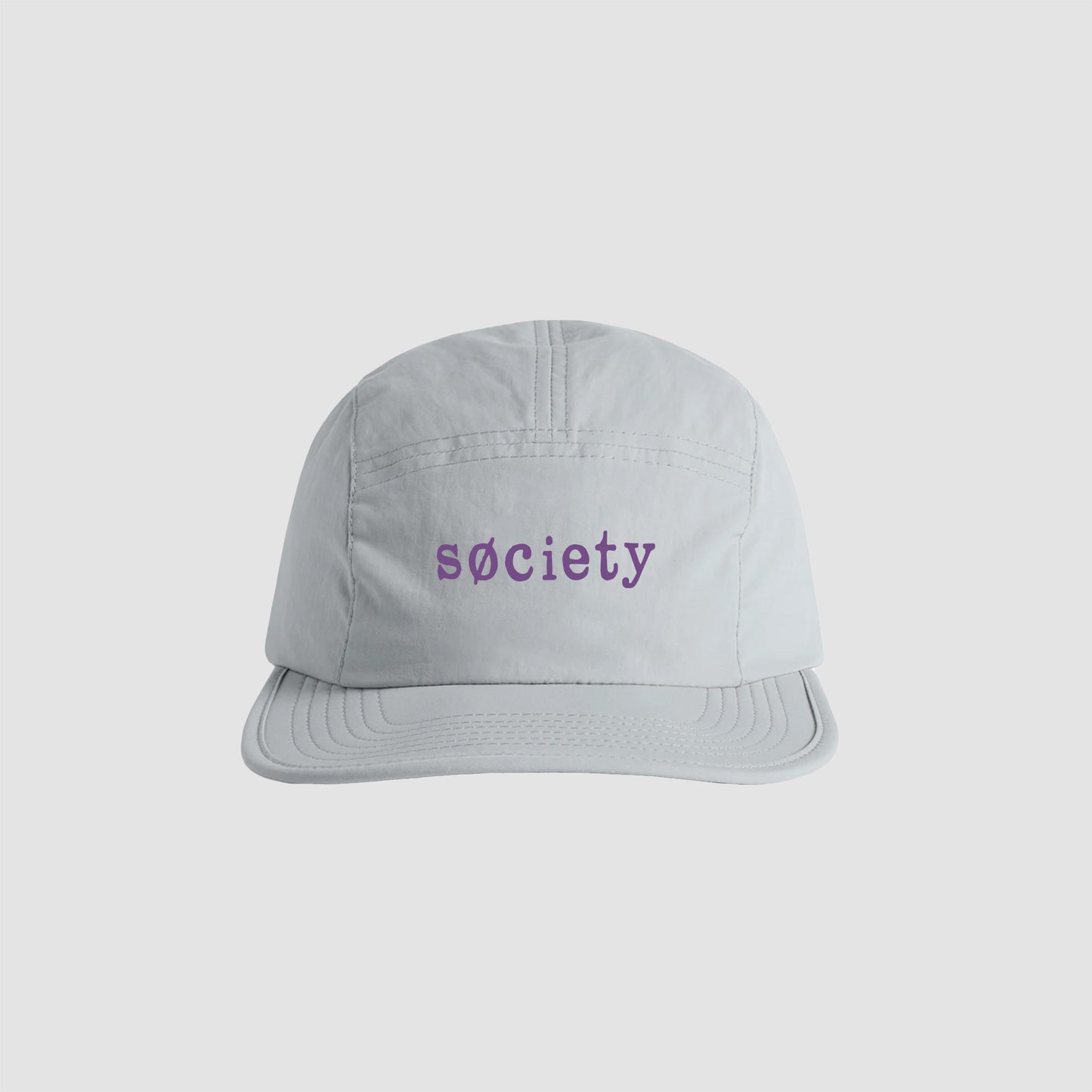 A light gray five-panel cap with the word 'society' embroidered in purple lowercase letters on the front, set against a solid light gray background.